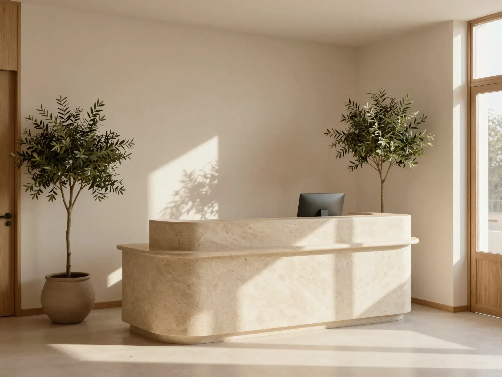 A calm reception with a stone desk and olive trees in morning light